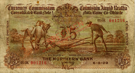 Northern Bank 5 Pounds Ploughman 6 May 1929, Knox signature