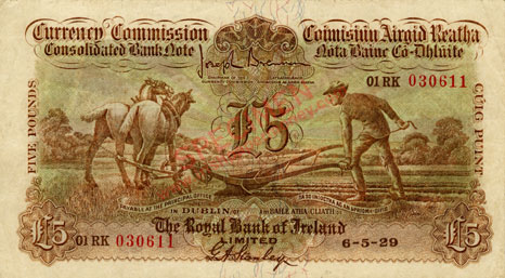 Royal Bank of Ireland Five Pounds Ploughman 1929