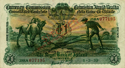 Royal Bank of Ireland One Pound One Pound Ploughman, 1939 Mack signature