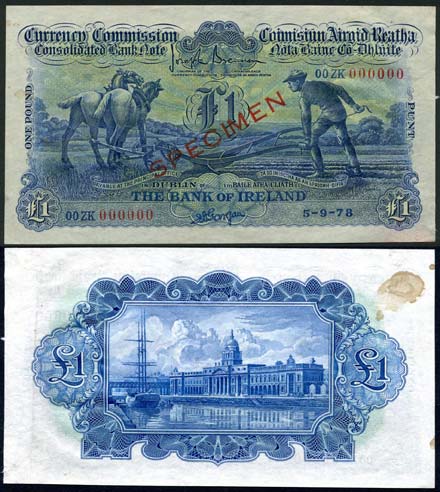 Currency Commission Consolidated Bank Note. One Pound. De La Rue specimen Ploughman