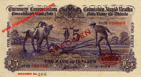Currency Commission Ploughman 5 Pound Note. De La Rue specimen