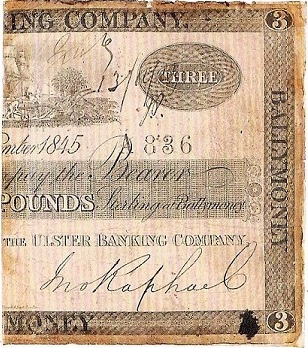 Ulster Bank 3 Pound note, 1845