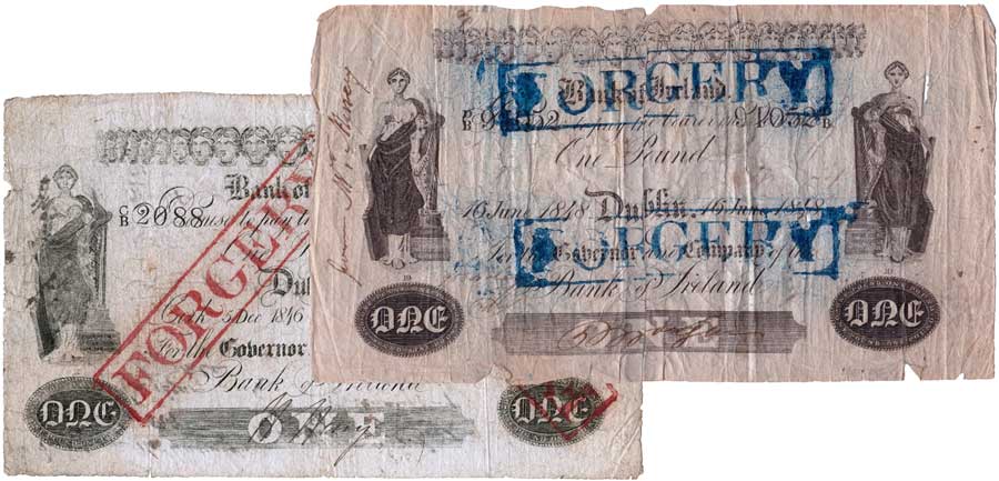 Two contemporary forgeries of Bank of Ireland One Pound notes 1840s