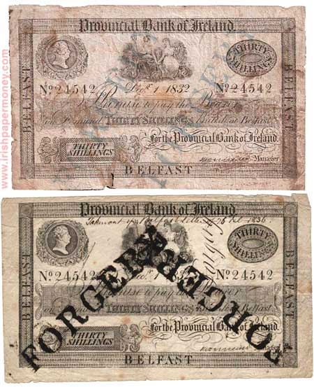 Provincial Bank of Ireland 30 Shilling note, 1 Dec 1832 contemporary forgery