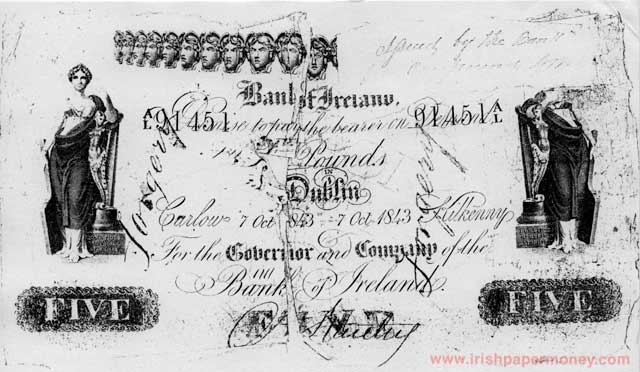 Bank of Ireland 5 Pounds contemporry forgery on One Pound note 1843