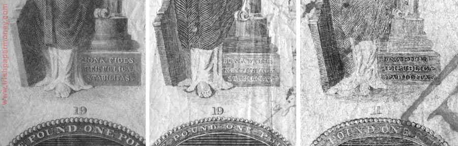 Detail on a genuine Bank of Ireland £1 note, at left, with two contemporary forgeries