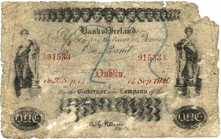 Bank of Ireland One Pound note forgery, dated 14 Sept 1920