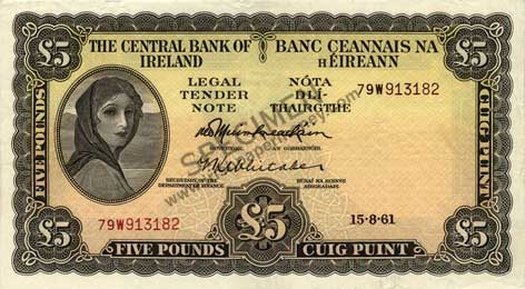 Central Bank of Ireland 5 pounds 1961 mulberry